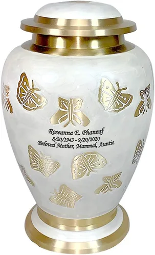 Vista 5 de Urna de cremación de mariposa con personalización, blanco perla y oro, urna de cremación humana para adultos con recuerdo a juego y bolsas