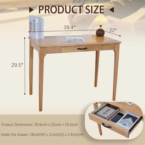Vista 2 de Escritorio de madera maciza con cajones, escritorio de computadora de madera para oficina en casa, escritorio de estudio de juegos para espacios