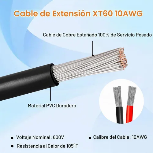 Vista 4 de Cable de extensión solar XT60 de 10 AWG 2 3 6 10 15 20 25 35 40 50 75 100 pies XT60 adaptador de conector de extensión solar más grueso cable hembra