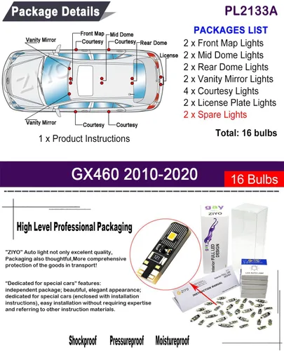 Vista 2 de PL2133A - Kit de luces LED para interiores para Lexus GX460 2010-2020, paquete de repuesto de bombillas de cúpula de 6000 K, luces LED blancas