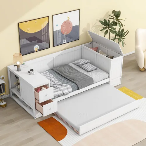 Vista 27 de Sofá cama de madera de tamaño matrimonial con 2 armarios de noche, estantes superiores y 4 cajones, marco de madera resistente, espacio de Marrón