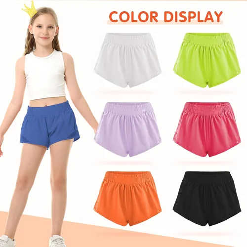 Vista 4 de Pantalones cortos deportivos para niñas, de secado rápido, con bolsillo con cremallera, para adolescentes y niños, pantalones cortos deportivos