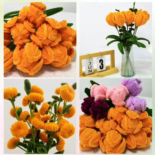 Vista 5 de Juego de 200 limpiapipas naranja verde oliva con alambres florales y cinta de jardinería, tallos de felpilla para hacer ramos de tulipanes, caqui