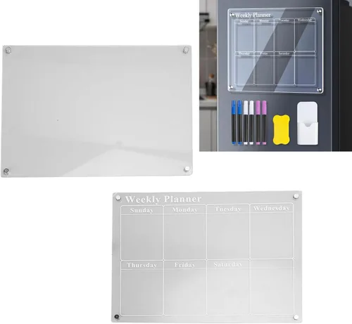 Vista 3 de Calendario semanal para refrigerador, pizarra de borrado en seco de acrílico transparente con 6 marcadores para el hogar, cocina, organización