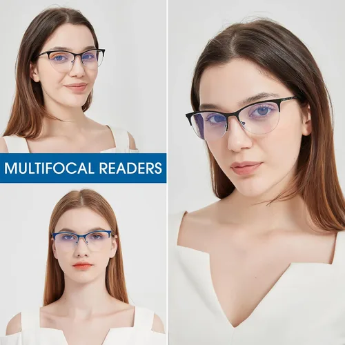 Vista 3 de Gafas de lectura multifocales para mujer, progresivas multifocales, luz azul, lector de computadora, ojo de gato, metal, medio marco, sin línea