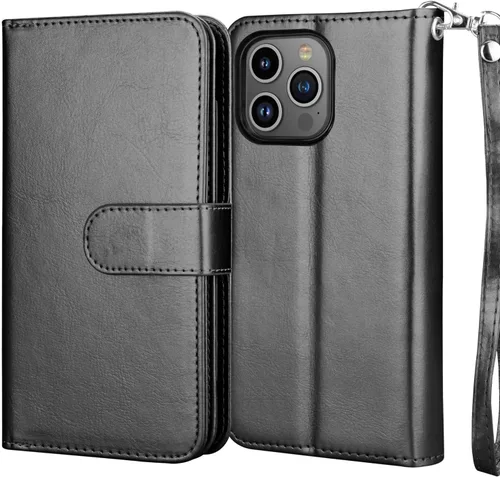 Vista 7 de Njjex Funda tipo cartera para iPhone 15 Plus de 6.7 pulgadas 2023, para iPhone 15 Plus, 9 ranuras para tarjetas, soporte de crédito de Negro