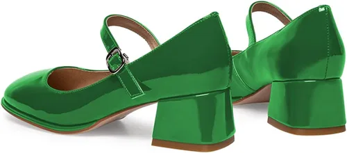 Vista 3 de FSJ Zapatos de vestir clásicos Mary Jane para mujer, con puntera cerrada, tacón bajo de bloque grueso, cuero brillante, cómodos, sin cordones