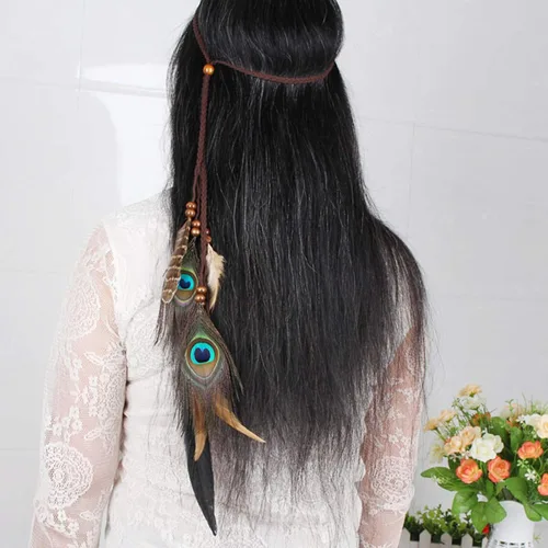 Vista 3 de Diadema de plumas hippie indio bohemio con borla bohemia para Halloween diadema para el pelo para mujer adorable corona para decoración de fiesta