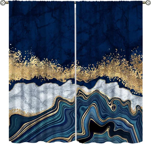 Vista 15 de YCness Cortinas de Mármol Geométricas, Azul Marino Dorado Geometría Abstracta Patrón Hexagonal Textura Tratamientos para Ventanas para Dormitorio