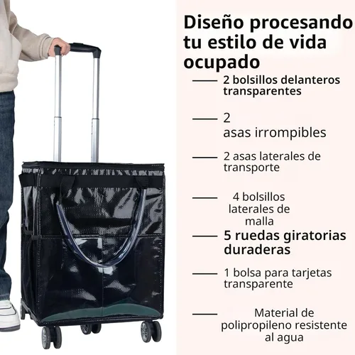 Vista 4 de Bolsas de comestibles reutilizables sobre ruedas, bolsa de asas con ruedas, carrito de compras portátil para comestibles con ruedas y bolsa con Negro