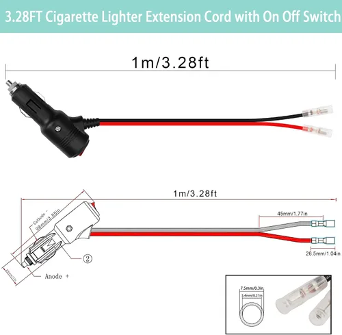 Vista 6 de GELRHONR Enchufe macho de repuesto para encendedor de cigarrillos de 12 voltios con cables y luz LED, cable de extensión de encendedor