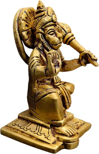 Vista 3 de Ídolo de Lord Hanuman de latón para templo del hogar de 3.25 pulgadas, postura sentada con Gada, murti religioso hecho a mano para habitación Pooja