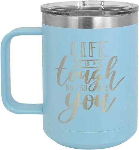 Vista 18 de LIFE IS TOUGH BUT SO ARE YOU Negro Taza de café de 15 oz con tapa deslizante Taza de café de viaje aislada Ideas de regalos de cumpleaños