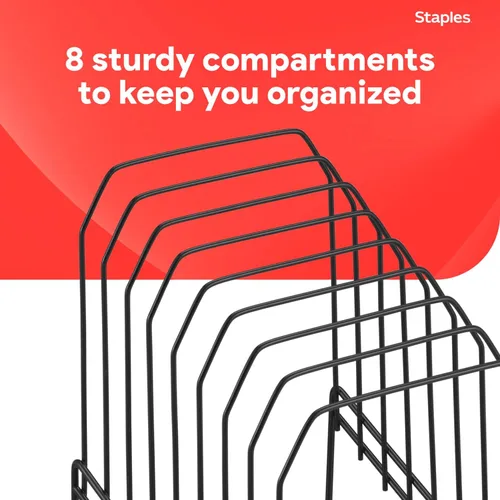 Vista 5 de STAPLES Organizador de archivos de escritorio con inclinación de metal, 8 compartimentos, diseño escalonado, negro, almacenamiento de papel
