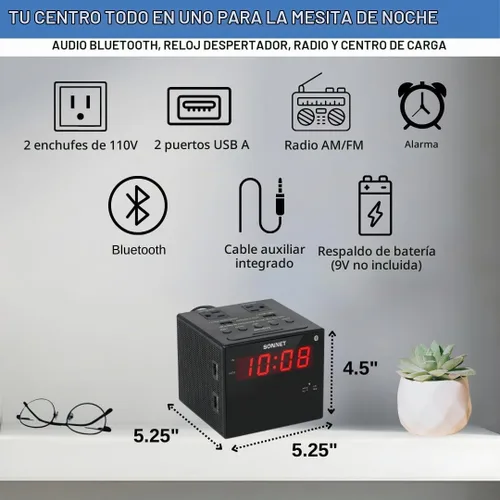 Vista 6 de Sonnet - Radio despertador digital con estación de carga, radio AM/FM Bluetooth para dormitorio, 2 salidas de CA y 2 puertos de carga USB, pantalla