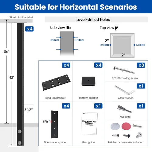 Vista 2 de Muzata Kit de barandilla de cable de acero inoxidable que ahorra espacio, perforado a nivel, para montaje lateral, 4 piezas, negro, 36 pulgadas