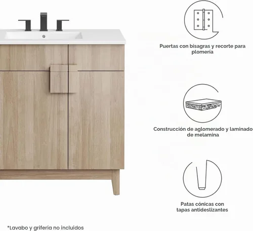 Vista 9 de Modway EEI-6400-OAK Miles - Armario de tocador de baño de 36 pulgadas (lavabo no incluido), roble