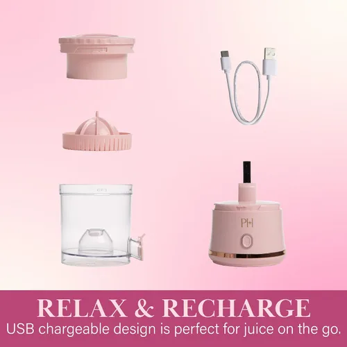 Vista 5 de Exprimidor Eléctrico de Cítricos Paris Hilton, Mini Exprimidor Portátil Inalámbrico con Base Recargable USB, Botón de Un Toque, Exprimidor Compacto