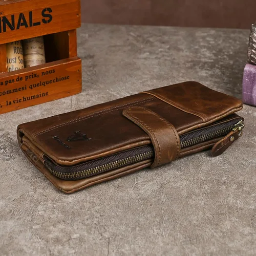 Vista 85 de Genuino Caballo Loco Cuero Regalo de Viaje Moneda Bolsillo Tarjetero Organizador Largo Cadena Rfid Cartera Monedero Con Broche Para Hombres Hombres