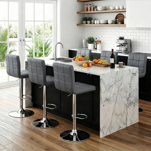 Vista 10 de ZENY Juego de 4 taburetes de bar giratorios ajustables, modernos taburetes de bar de cocina de piel sintética, taburete de bar con respaldo cuadrado