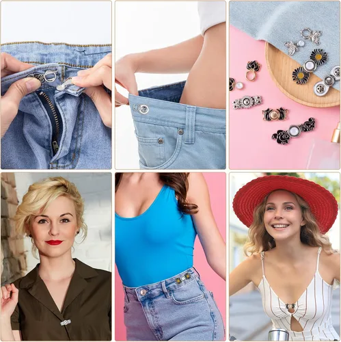 Vista 6 de OIIKI Tensor de botones de jeans ajustable, 7 piezas, botones de mezclilla, alfileres de vestir, hebillas de ajuste de cintura, botones