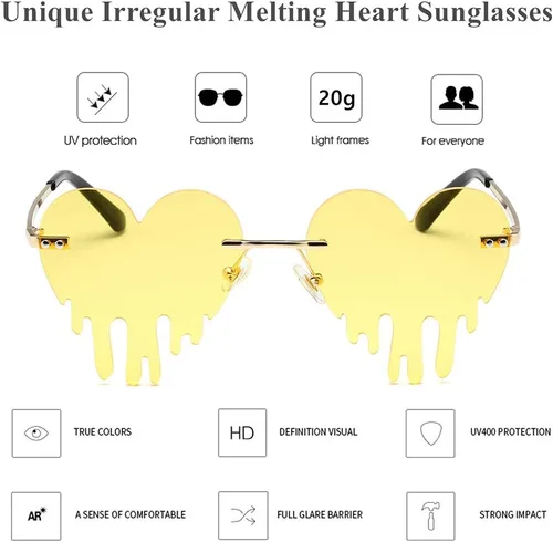 Vista 4 de LASPOR Gafas de sol de corazón derretidor para mujeres y hombres, sin llantas, gafas de fiesta de goteo, de metal dorado, sin marco, gafas de lágrima