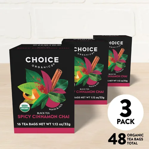 Vista 3 de Choice Organics - Té orgánico picante de canela Chai (paquete de 3) - Rainforest Alliance - Contiene cafeína - 48 bolsas de té negro orgánico