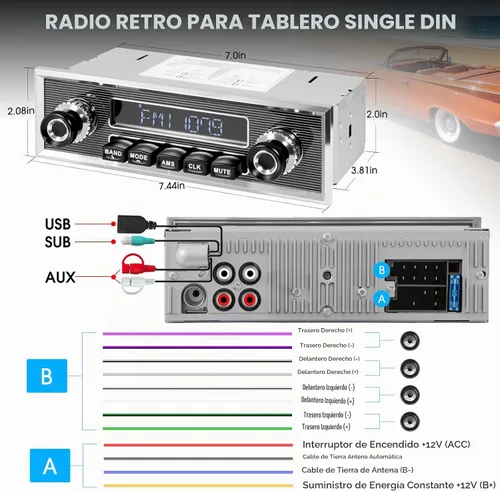 Vista 6 de Receptor de radio de coche Bluetooth retro: Estéreo vintage de un solo
