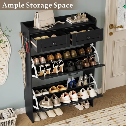Vista 3 de BORNOON Gabinete de Almacenamiento de Zapatos para Entrada, Gabinete Estrecho de Zapatos Estilo Granja con 2 Cajones Abatibles y Cajones Superiores