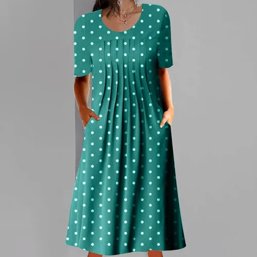 Vista 2 de Vestido casual con estampado floral para mujer, vestido de verano con cuello redondo, manga corta, plisado, vestido midi para fiesta en la playa