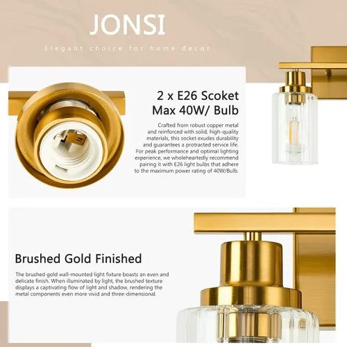 Vista 6 de Jonsi Accesorios de iluminación de baño dorados, 2 luces de tocador de oro cepillado con pantalla de vidrio estriada, luces modernas sobre espejo