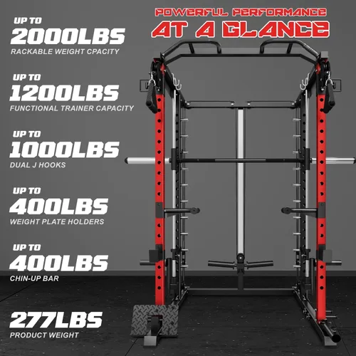 Vista 6 de Máquina S1-V4 Smith, jaula de potencia de 2000 libras con sistema de cruce de cables, estante de sentadillas todo en uno con barra Smith