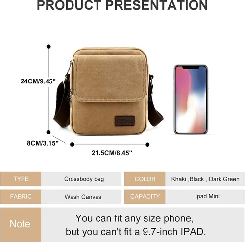Vista 3 de Bolso cruzado para hombre bolso lateral para hombre bolso de hombro para hombres y mujeres pequeño bolso de mensajero de lona para teléfono
