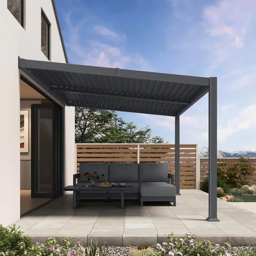 Vista 17 de PURPLE LEAF Pérgola con listones de techo rígido de 8 x 10, pérgola de aluminio para patio al aire libre con techo ajustable a prueba de lluvia