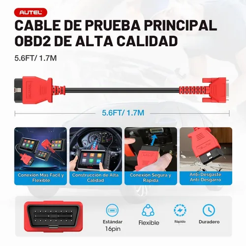 Vista 3 de Cable de prueba principal OBD2 Autel, original de 5.6 pies/1.7 metros, conector de prueba de diagnóstico OBDII de 16 pines DB15 compatible con serie