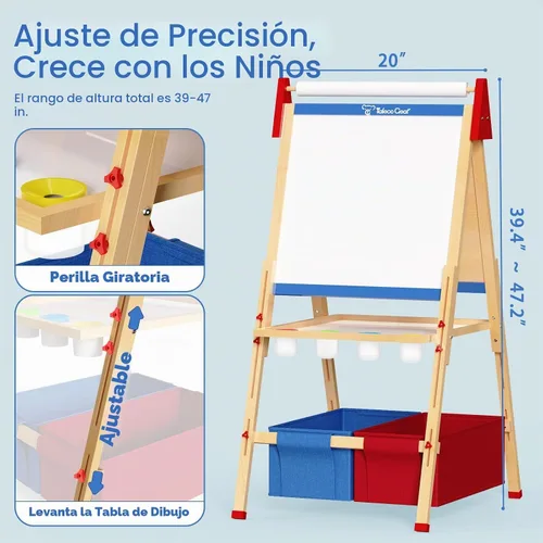 Vista 8 de Set de cabalete de arte para niños, tablero de dibujo ajustable de doble cara, cabalete de madera para pintar, edades 2-12, regalo de cumpleaños Azul