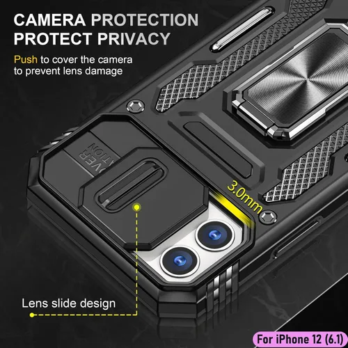 Vista 4 de Funda resistente para Apple iPhone 12, protección híbrida de goma de doble capa de grado militar con protector de cámara deslizante, soporte
