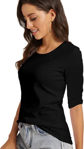 Vista 4 de Camiseta básica de media manga con cuello redondo para mujer, casual, color liso, de algodón