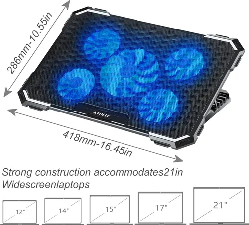 Vista 7 de KYOLLY Alfombrilla de refrigeración mejorada para laptop, enfriador de laptop para juegos con 5 ventiladores silenciosos, 2 puertos USB, 5 alturas