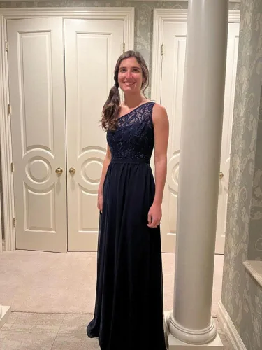 Vista 5 de Women's One Shoulder Bridesmaid Dresses Long for Wedding with Pockets Lace Bodice A-Line Chiffon Formal Party Gown
