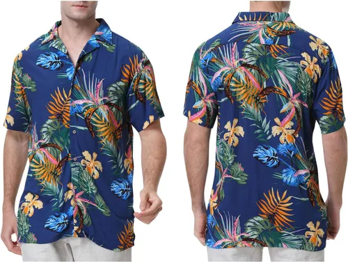 Vista 2 de Novedad Camisa con Estampado Floral Blusa Hombres Solapa Botón Abajo Camiseta Jersey Manga Corta Frente abierto