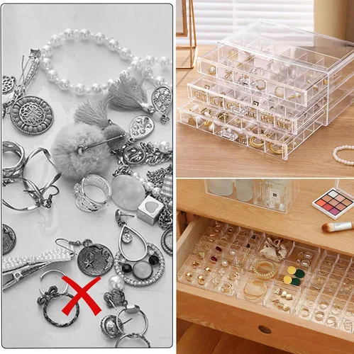Vista 7 de Caja organizadora de cuentas para aretes, collar, joyero (3 cajones con 72 rejillas)