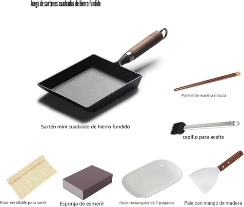Vista 2 de Sartén japonesa Tamagoyaki de hierro fundido, pre-sazonada, tratada con nitrógeno líquido, no se oxida, lista para usar, mango de madera