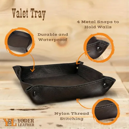 Vista 2 de Yoder Leather Company Bandeja de valet de cuero genuino hecha a mano – Bandeja de dados plegable para juegos de rol, mesa, monedas, llaves y Negro