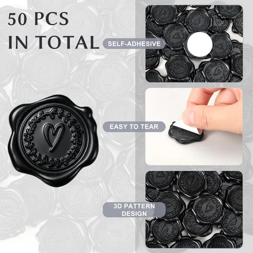 Vista 3 de Whaline 50 calcomanías de sello de cera en relieve, calcomanías de sello de corazón negro, etiquetas autoadhesivas para boda, fiesta de cumpleaños