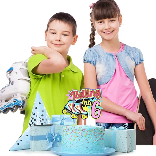 Vista 5 de Decoraciones retro para tartas de patinaje sobre ruedas para cumpleaños de 7 años, decoraciones enrollables, fiesta de cumpleaños de niños y niñas