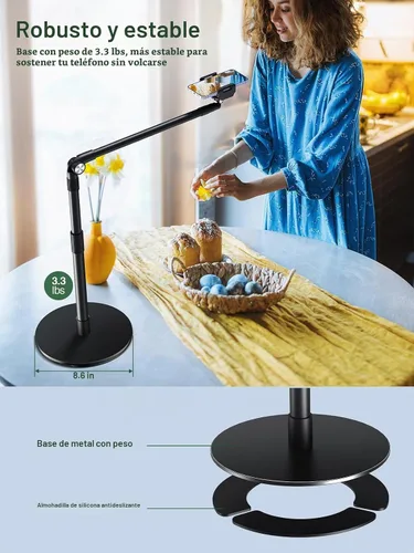 Vista 3 de elitehood Soporte de teléfono superior de aluminio resistente, soporte de iPhone de brazo largo de 15 pulgadas para grabación de video, soporte
