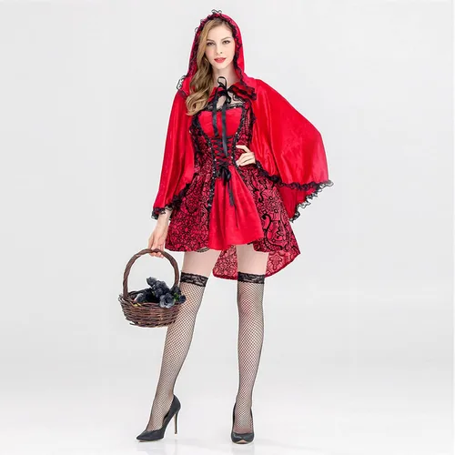 Vista 6 de Disfraz de caperucita roja para mujer, vestido gótico de encaje sexy con cordones y estampado floral con capucha