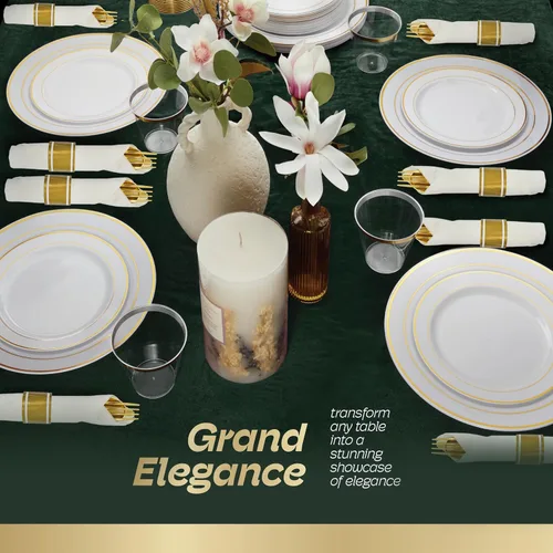 Vista 4 de R-kay Juego de vajilla de plástico dorado de 350 piezas para 50 invitados, platos de plástico dorado para fiestas, platos de fiesta y tazas