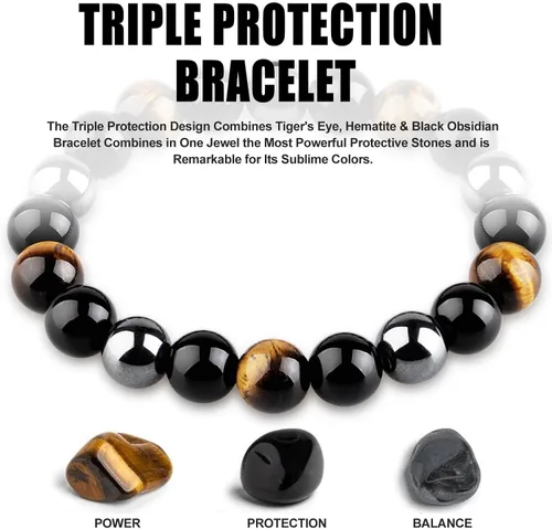 Vista 2 de HOZEAL Pulsera de triple protección, brazalete de obsidiana negra con ojo de tigre y hematita para hombres y mujeres para traer suerte